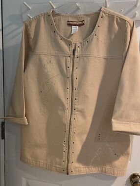 Beige Zip-Front Embroidered  Jacket by